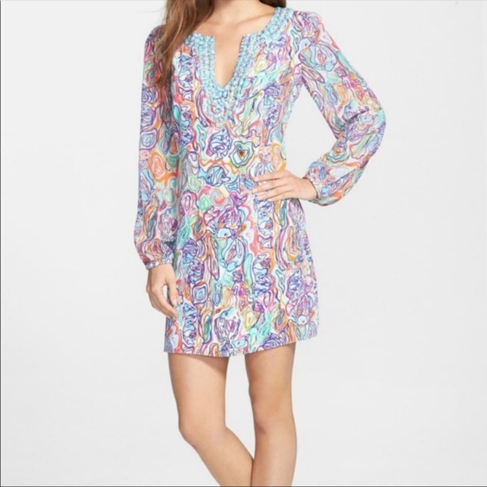 LILLY PULITZER | Embellished Seamus Print Silk Shift Dress Long Sleeve Women’s 2